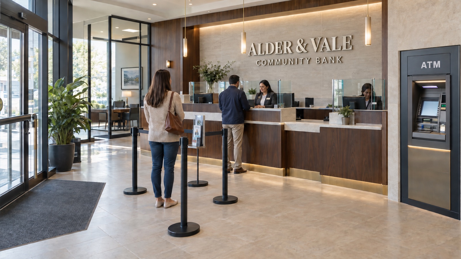 AI-generated illustration of the fictional Alder & Vale Community Bank, with named signage, teller counters, and an ATM