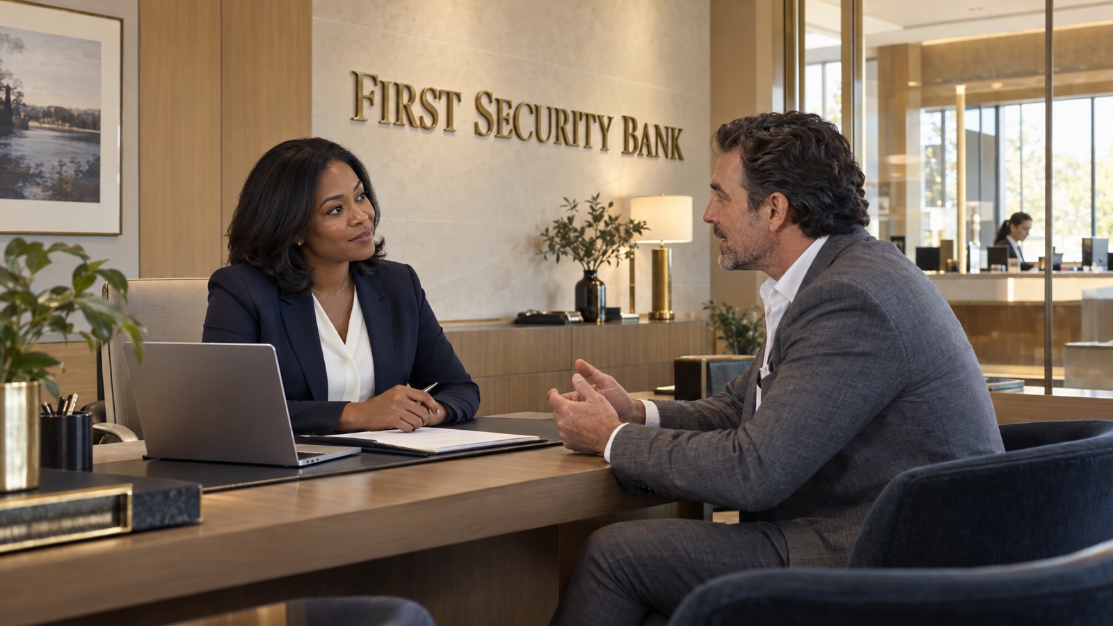 AI-generated illustration of a loan officer meeting a business owner in a setting labeled First Security Bank