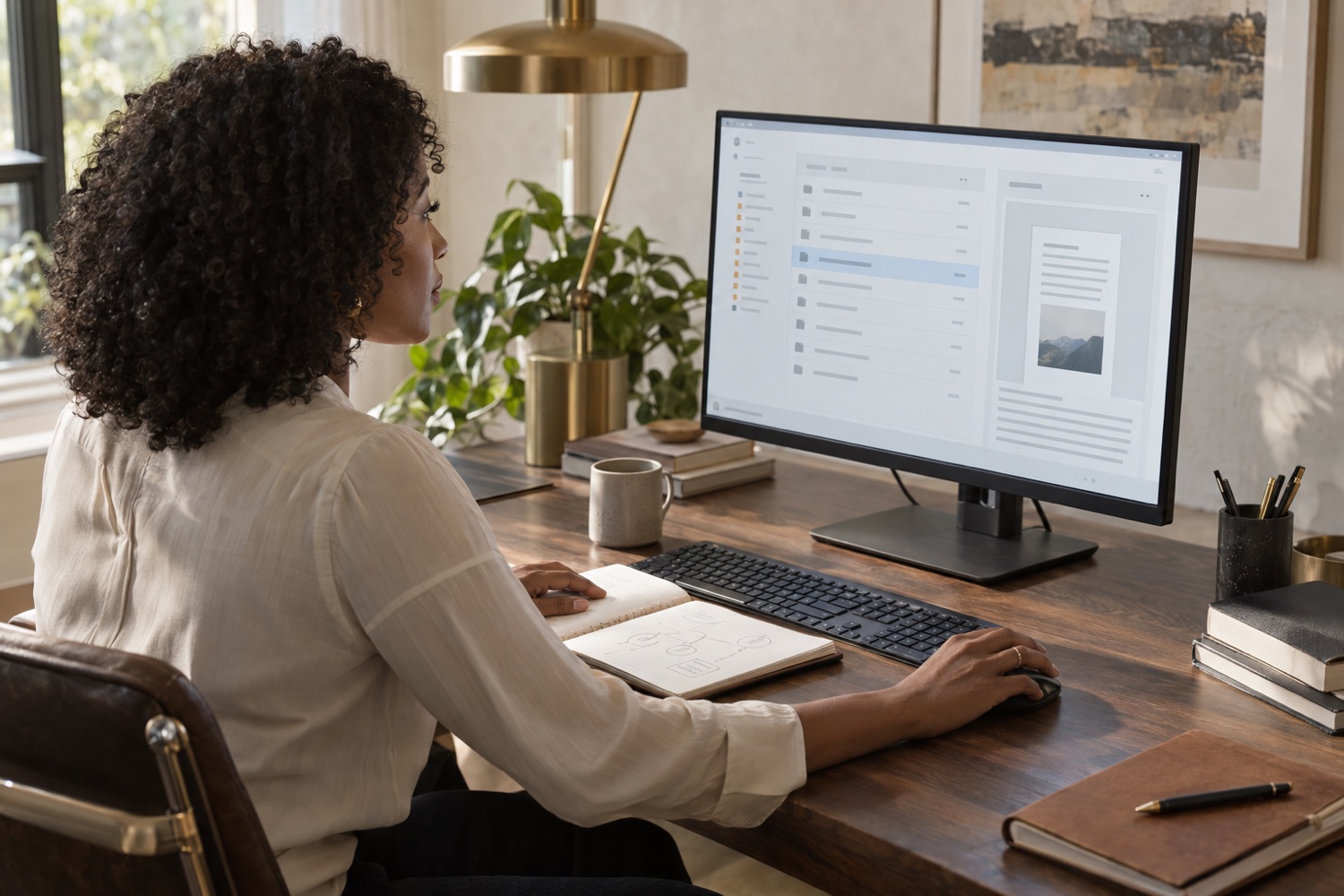 AI-generated illustration of a professional demonstrating a browser workflow at her desk